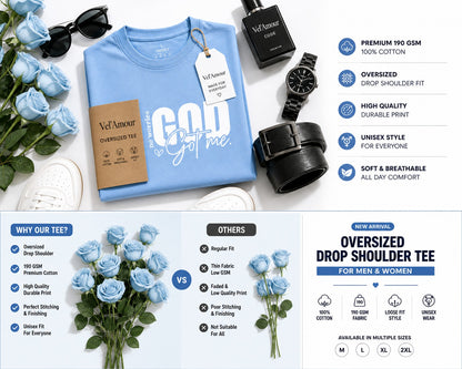 Couple Matching Drop Shoulder T-Shirts – Cotton Lycra Puff Print “God Got Me” Tee Combo