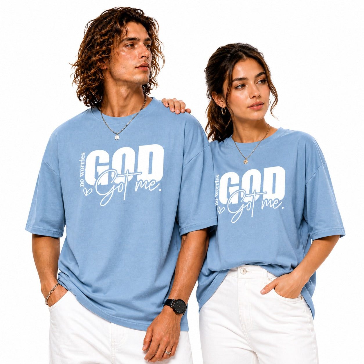 Couple Matching Drop Shoulder T-Shirts – Cotton Lycra Puff Print “God Got Me” Tee Combo