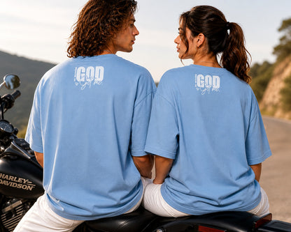 Couple Matching Drop Shoulder T-Shirts – Cotton Lycra Puff Print “God Got Me” Tee Combo
