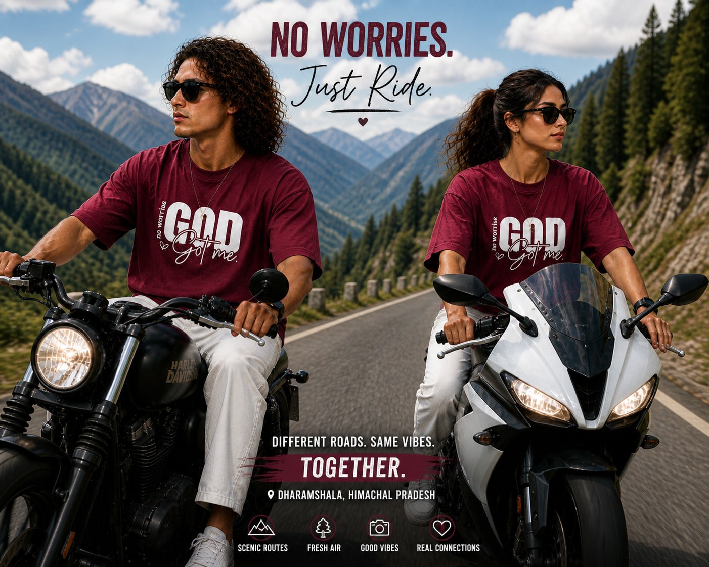 Couple Matching Drop Shoulder T-Shirts – Cotton Lycra Puff Print “God Got Me” Tee Combo