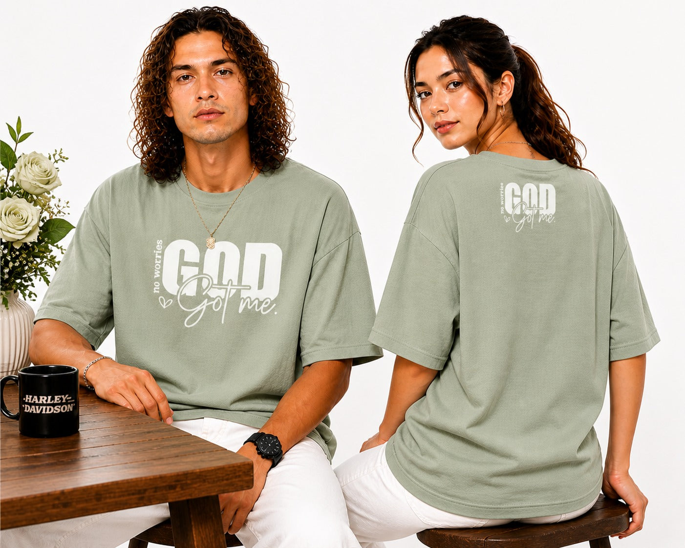 Couple Matching Drop Shoulder T-Shirts – Cotton Lycra Puff Print “God Got Me” Tee Combo