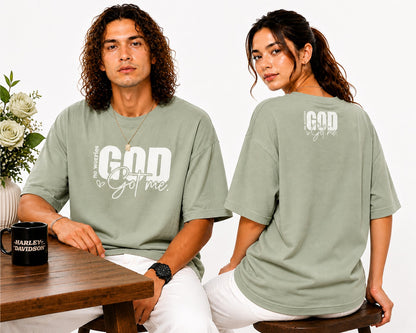 Couple Matching Drop Shoulder T-Shirts – Cotton Lycra Puff Print “God Got Me” Tee Combo