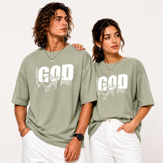 Couple Matching Drop Shoulder T-Shirts – Cotton Lycra Puff Print “God Got Me” Tee Combo