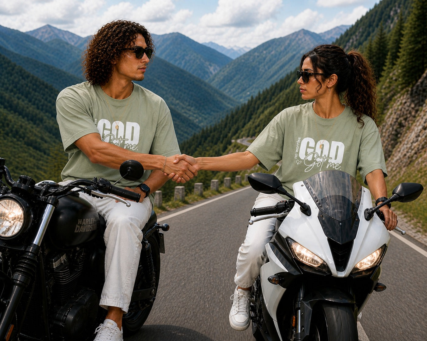 Couple Matching Drop Shoulder T-Shirts – Cotton Lycra Puff Print “God Got Me” Tee Combo