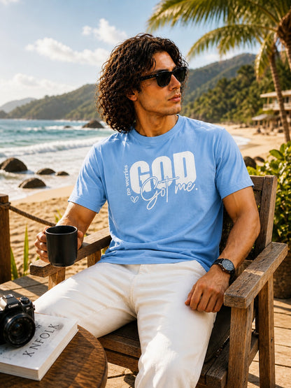 Men’s Drop Shoulder Oversized T-Shirt – Cotton Lycra Puff Print “God Got Me” Graphic Tee (Maroon/Sky/Green))
