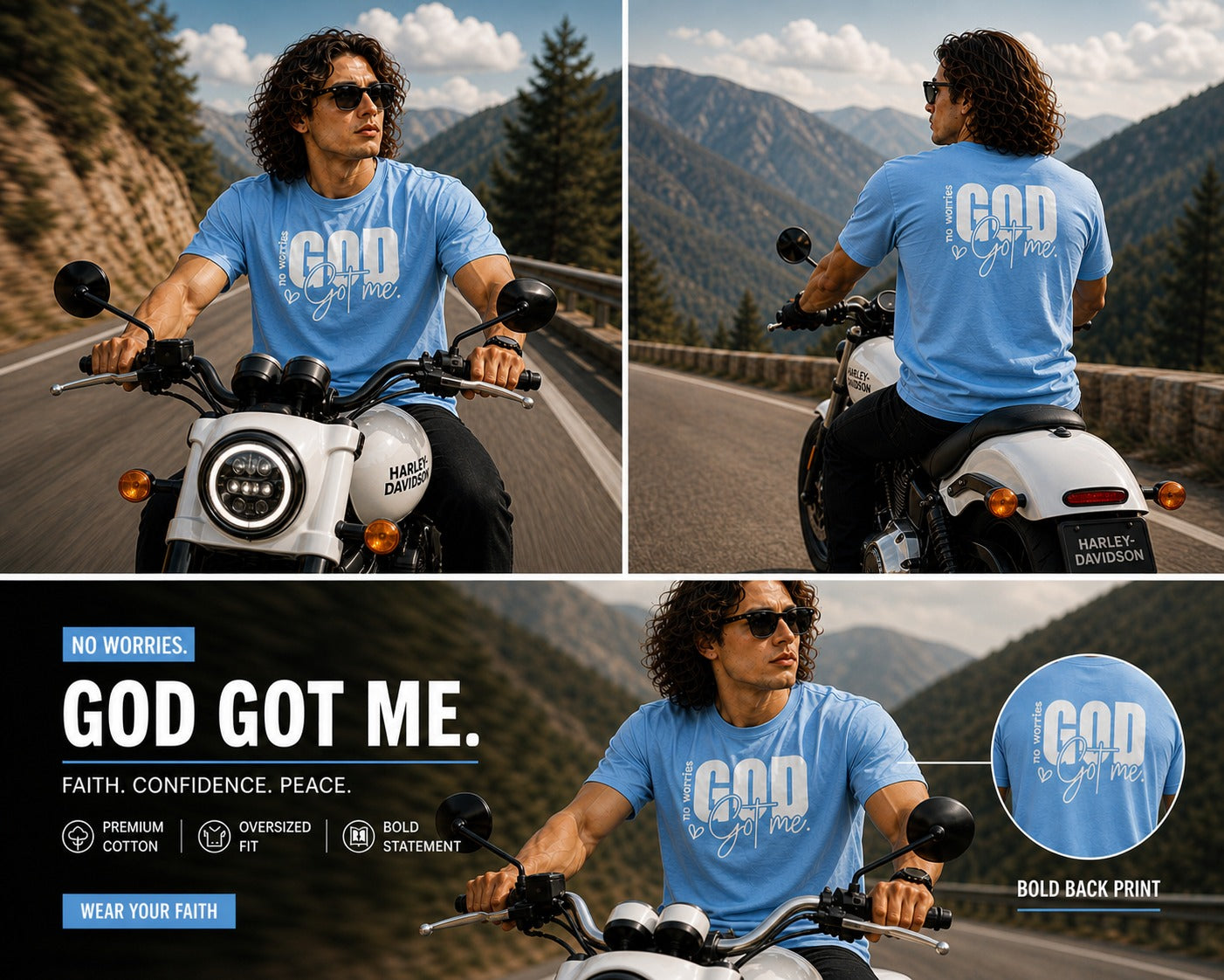 Men’s Drop Shoulder Oversized T-Shirt – Cotton Lycra Puff Print “God Got Me” Graphic Tee (Maroon/Sky/Green))