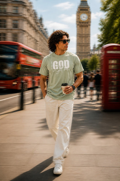 Men’s Drop Shoulder Oversized T-Shirt – Cotton Lycra Puff Print “God Got Me” Graphic Tee (Maroon/Sky/Green))