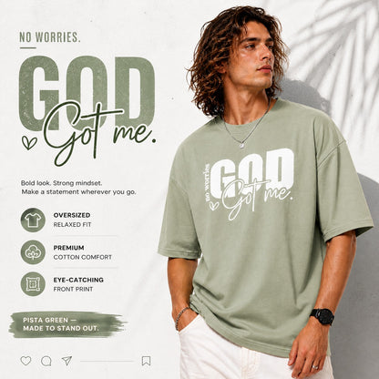 Men’s Drop Shoulder Oversized T-Shirt – Cotton Lycra Puff Print “God Got Me” Graphic Tee (Maroon/Sky/Green))