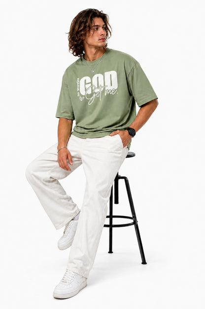 Men’s Drop Shoulder Oversized T-Shirt – Cotton Lycra Puff Print “God Got Me” Graphic Tee (Maroon/Sky/Green))