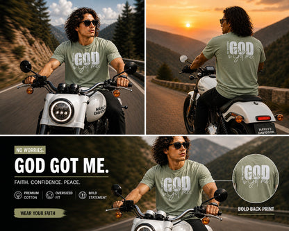 Men’s Drop Shoulder Oversized T-Shirt – Cotton Lycra Puff Print “God Got Me” Graphic Tee (Maroon/Sky/Green))
