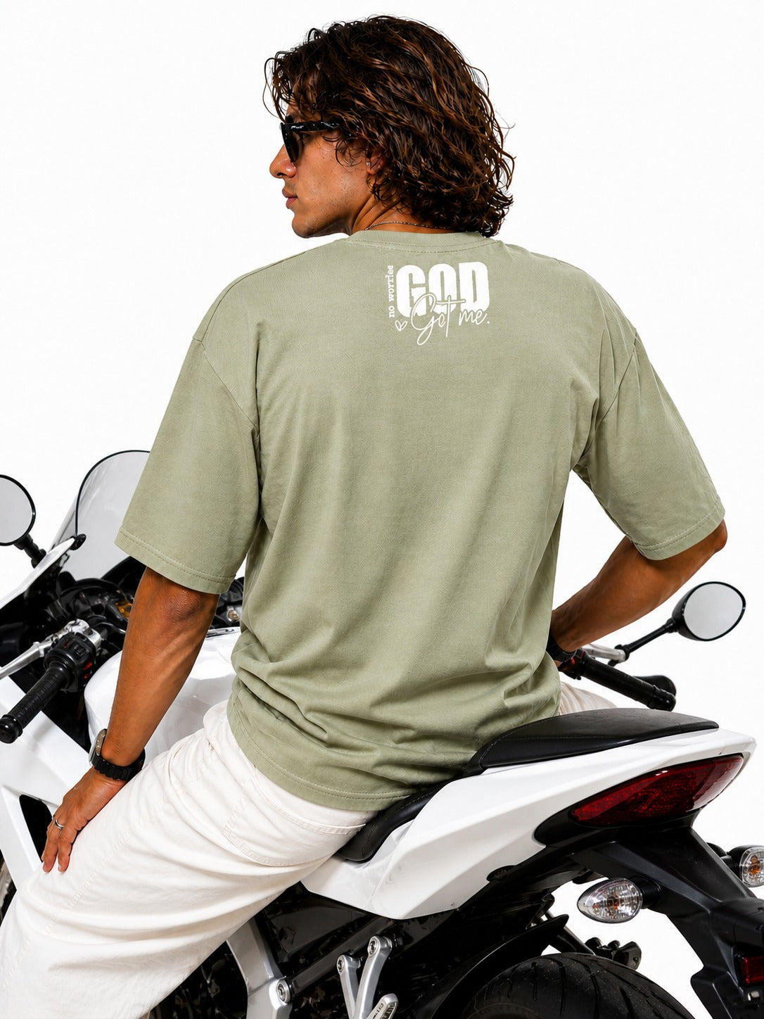 Men’s Drop Shoulder Oversized T-Shirt – Cotton Lycra Puff Print “God Got Me” Graphic Tee (Maroon/Sky/Green))