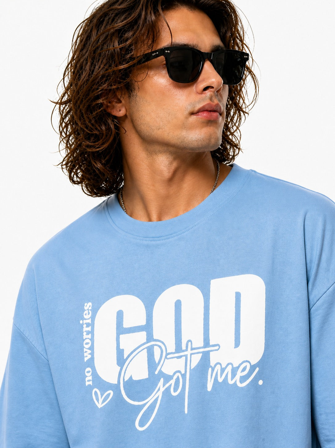 Men’s Drop Shoulder Oversized T-Shirt – Cotton Lycra Puff Print “God Got Me” Graphic Tee (Maroon/Sky/Green))