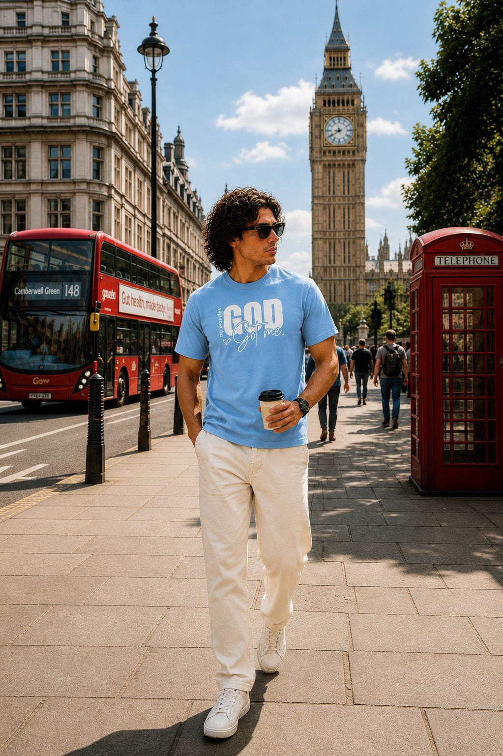 Men’s Drop Shoulder Oversized T-Shirt – Cotton Lycra Puff Print “God Got Me” Graphic Tee (Maroon/Sky/Green))
