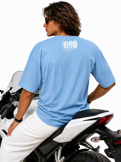Men’s Drop Shoulder Oversized T-Shirt – Cotton Lycra Puff Print “God Got Me” Graphic Tee (Maroon/Sky/Green))