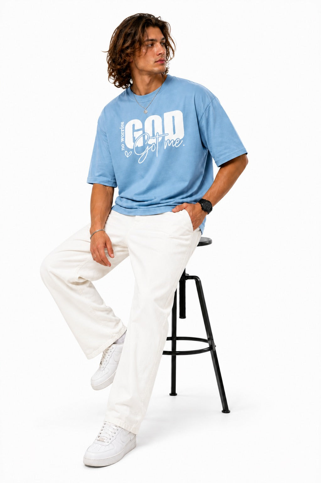 Men’s Drop Shoulder Oversized T-Shirt – Cotton Lycra Puff Print “God Got Me” Graphic Tee (Maroon/Sky/Green))