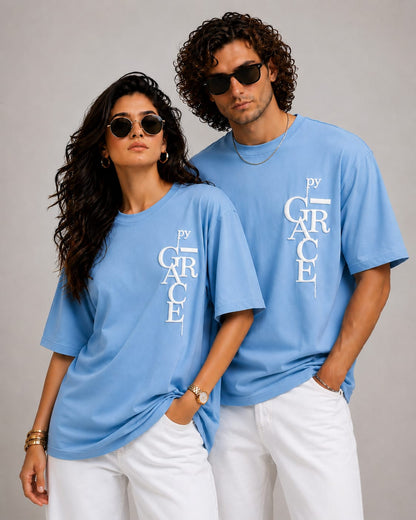 By Grace Couple Oversized Cotton Lycra Puff Print T-Shirt | Matching Round Neck Tee