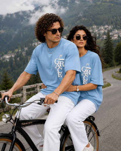 By Grace Couple Oversized Cotton Lycra Puff Print T-Shirt | Matching Round Neck Tee