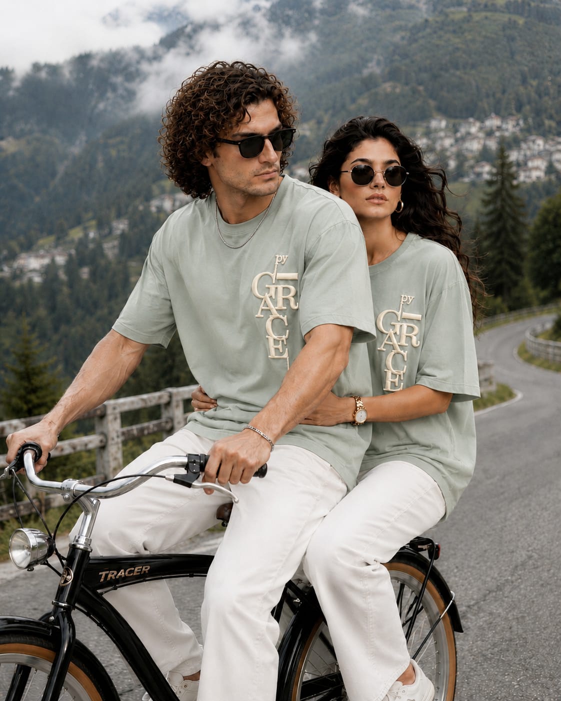 By Grace Couple Oversized Cotton Lycra Puff Print T-Shirt | Matching Round Neck Tee