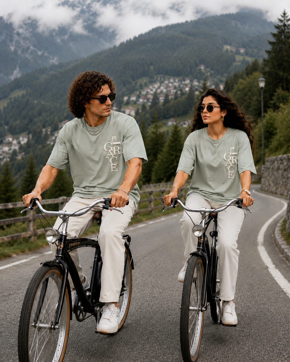 By Grace Couple Oversized Cotton Lycra Puff Print T-Shirt | Matching Round Neck Tee