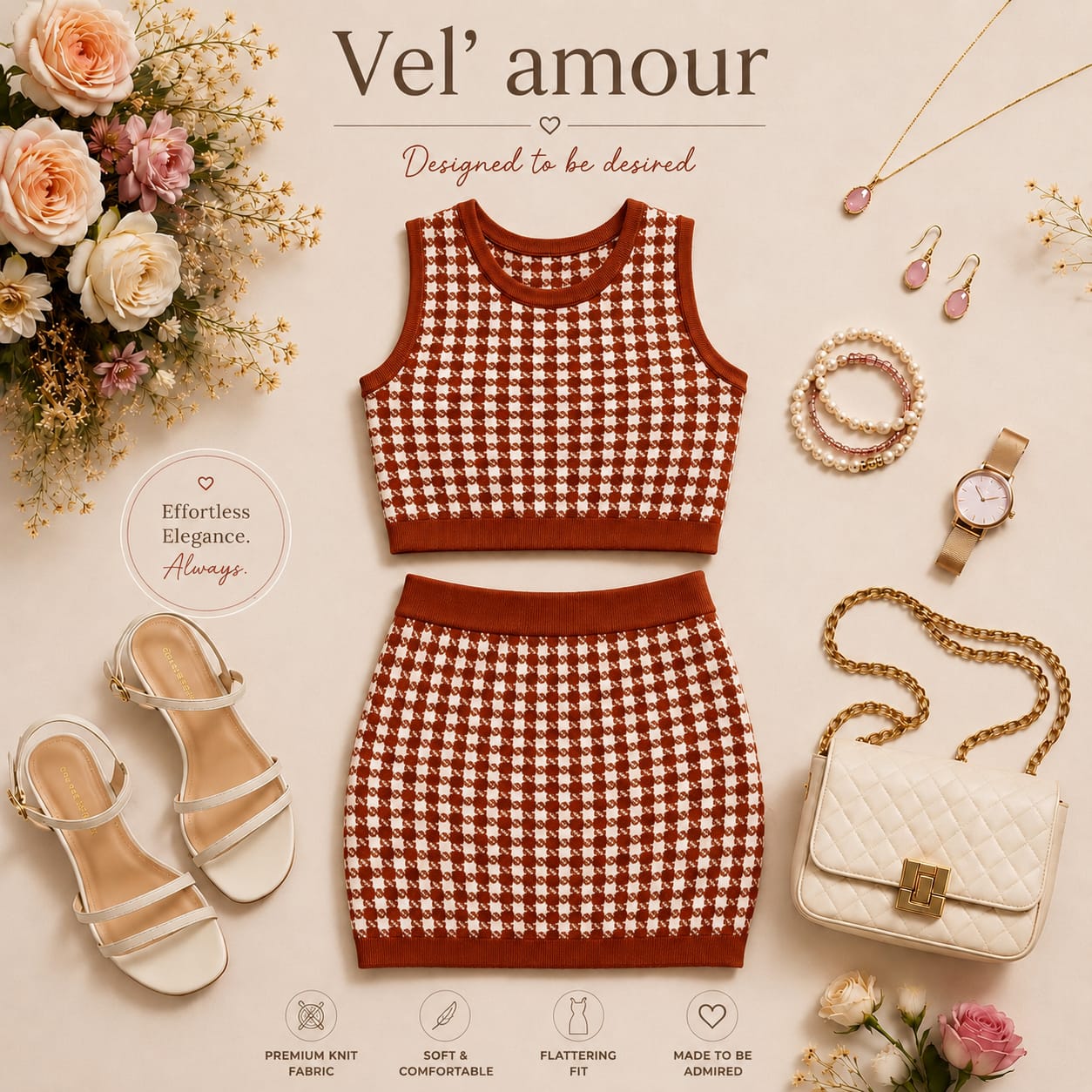 Teen Girl Brown Knitted Coord Set Midi Skirt Dress | Soft Houndstooth Co-Ord Set – Vel’ Amour
