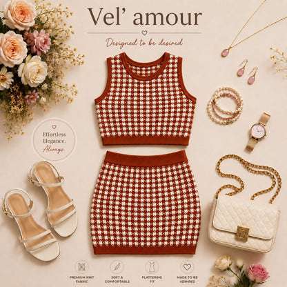 Teen Girl Brown Knitted Coord Set Midi Skirt Dress | Soft Houndstooth Co-Ord Set – Vel’ Amour